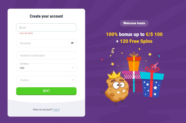 Registration form CookieCasino