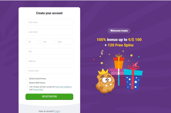 Creating account form CookieCasino